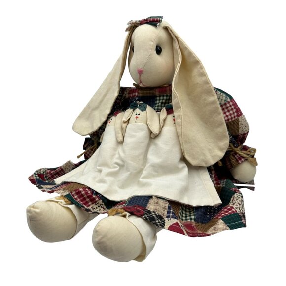 Handmade Patchwork Bunny Doll With Three Baby Bunnies In Apron 18" Plush Decor - Picture 9 of 13